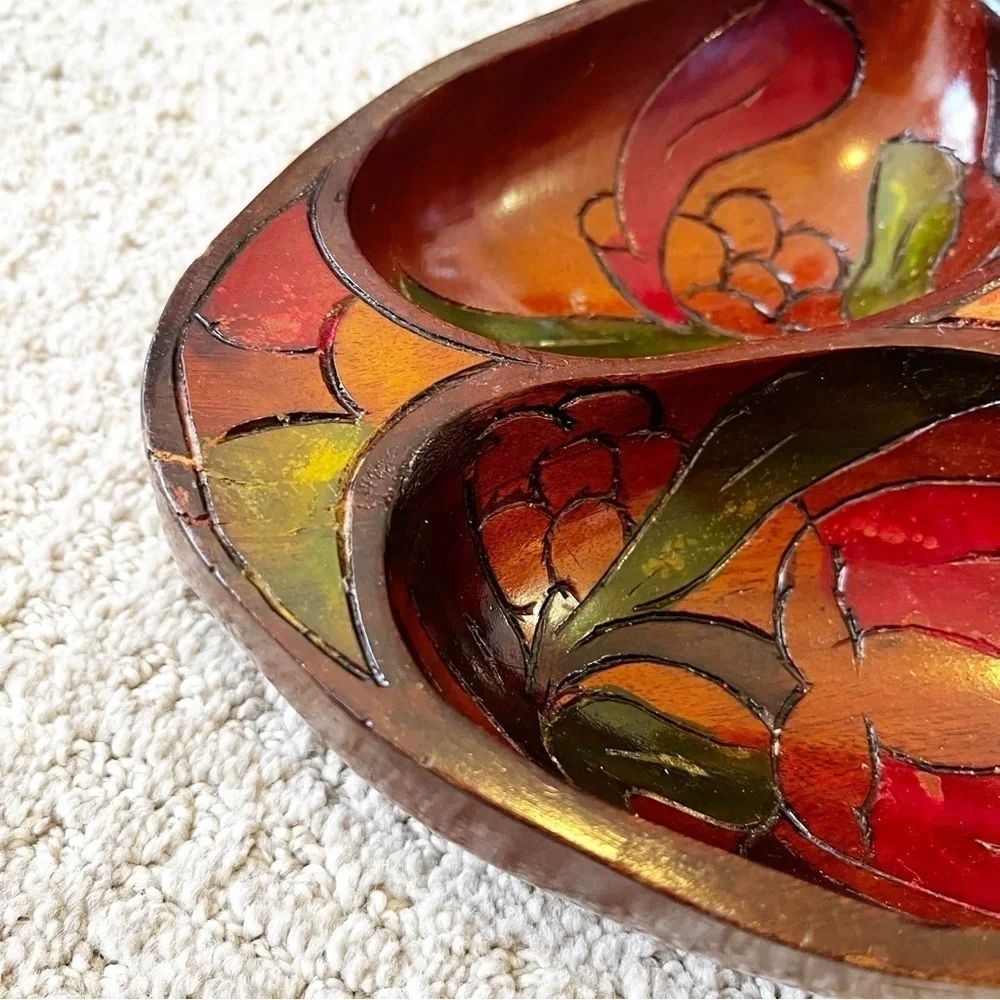 Vintage Mid Century Wooden Serving Bowl Snack Platter Boho Exotic Divided Carved